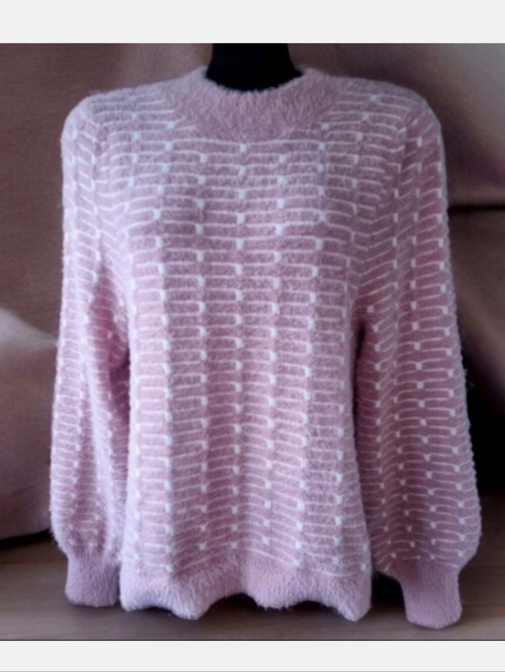 Cozy Women's Dusty Rose Textured Grid Knit Balloon Sleeves Crewneck Sweater Sz L